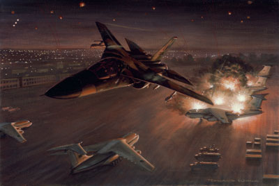 Ronald Wong painting of an F-111F striking IL-76s on the Tripoli ramp during Operation El Dorado Canyon