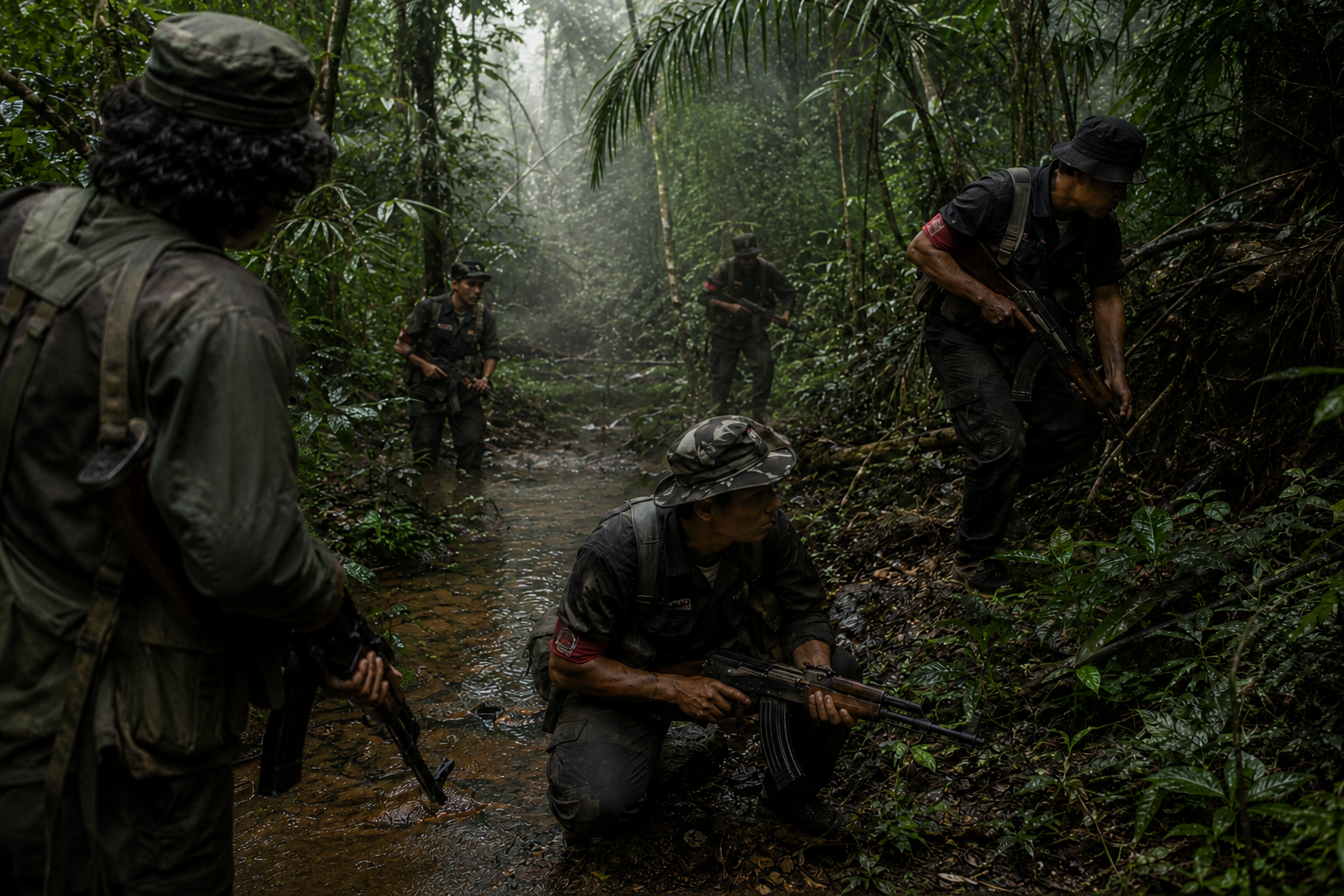 FARC guerrillas moving through Colombian jungle, weapons ready